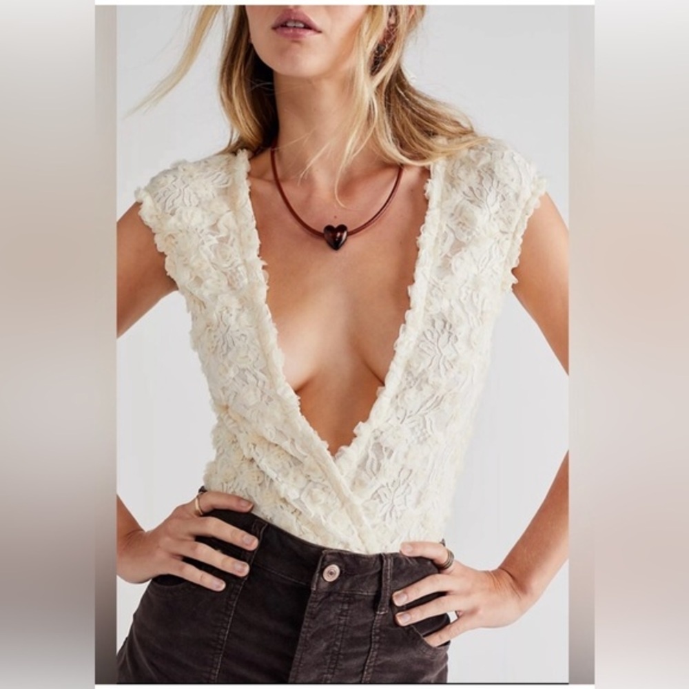 Free People intimately Free 2 Haute 2 Handle cream ruffled plunge front Bodysuit